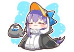  1girl :3 =_= absurdres animal animal_hood bangs bird black_jacket blue_background blue_bow blush bow chibi closed_eyes closed_mouth eyebrows_visible_through_hair facing_viewer fate/grand_order fate_(series) hair_between_eyes highres hood hood_up hooded_jacket jacket jako_(jakoo21) long_hair long_sleeves meltryllis meltryllis_(swimsuit_lancer)_(fate) outline penguin penguin_hood purple_hair sleeves_past_fingers sleeves_past_wrists solo sparkle two-tone_background very_long_hair white_background white_outline 