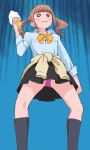  1girl black_skirt blue_shirt bow bowtie bra brown_hair closed_mouth eyebrows_visible_through_hair food haruyama_kazunori healin&#039;_good_precure hiramitsu_hinata holding holding_food ice_cream kneehighs long_sleeves o_o panties pink_bra pink_panties precure shirt short_hair skirt solo standing twintails underwear yellow_neckwear 