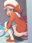  1girl ass blush brown_eyes gen_2_pokemon hat highres kusashige looking_back lyra_(pokemon) marill open_mouth panties panty_pull peeing pokemon pokemon_(game) pokemon_hgss shorts shorts_pull squatting underwear white_legwear yellow_eyes 