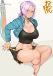  1girl adjusting_clothes adjusting_shorts barefoot black_shorts blue_eyes breasts cleavage collarbone commentary_request cropped_jacket denim denim_jacket dragon_ball dragon_ball_z forehead full_body genderswap genderswap_(mtf) large_breasts low_ponytail midriff navel neone planted_sword planted_weapon pout purple_hair scabbard sheath sheathed shirt_lift shorts sitting soles solo sword tan thick_thighs thighs toes trunks_(dragon_ball) weapon 