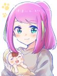  1girl :d ^_^ absurdres aqua_eyes baby brown_hair closed_eyes eyebrows_visible_through_hair green_hair hashimoto_nyaa highres holding_baby mother_and_child multicolored_hair nyaa_(nnekoron) open_mouth osomatsu-san pink_hair ponytail smile streaked_hair two-tone_hair upper_body white_background 