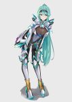  1girl :o bangs breasts chest_jewel earrings full_body gloves green_eyes green_hair grey_background hands_on_own_legs highres jewelry large_breasts leaning_forward long_hair long_ponytail looking_at_viewer pneuma_(xenoblade) ponytail sarasadou_dan simple_background solo standing swept_bangs tiara very_long_hair xenoblade_chronicles_(series) xenoblade_chronicles_2 