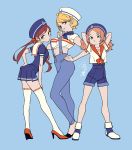  3girls anchor_symbol aqua_eyes arms_behind_head black_footwear blonde_hair blue_background blue_pants blue_shorts blue_skirt breasts brown_eyes brown_hair dress hair_ribbon hand_on_hip hat high_heels highres large_breasts long_hair looking_at_viewer midriff multiple_girls original pants pleated_skirt red_footwear red_sailor_collar ribbon sailor sailor_collar sailor_dress sailor_hat short_hair short_sleeves shorts signature simple_background skirt strap_gap suspenders tayama_midori twintails white_sailor_collar 