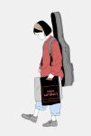  1girl absurdres bag black_hair blue_pants blush english_text full_body grey_footwear highres holding holding_bag hosoo instrument_on_back long_sleeves original pants profile red_shirt shirt shoes short_hair simple_background solo standing white_background 