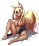  1girl animal_ear_fluff animal_ears bags_under_eyes blonde_hair breasts clothes_down dark_skin fox_ears fox_tail hair_over_breasts highres large_breasts long_hair nav on_bed original red_eyes sleepy solo tail white_background 