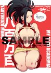  1girl artist_name black_eyes black_hair boku_no_hero_academia boots breasts character_name cleavage closed_mouth commentary commission dated english_text eyelashes eyes_visible_through_hair fishine full_body highres kneeling large_breasts leotard lips long_hair looking_away midriff navel open_clothes ponytail red_background red_footwear red_leotard sample self_exposure signature simple_background sleeveless solo sweatdrop thank_you thick_thighs thighs watermark web_address yaoyorozu_momo 