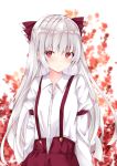  1girl bangs blush bow commentary_request fujiwara_no_mokou grey_hair hair_bow highres juliet_sleeves long_hair long_sleeves looking_at_viewer nanase_nao pants puffy_sleeves red_bow red_eyes red_pants shirt solo suspenders touhou upper_body white_background white_shirt 