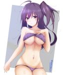  1girl absurdres ahoge blush bra bra_lift breasts cleavage collarbone cowboy_shot eyebrows_visible_through_hair hagikaze_(kantai_collection) highres honma_(honmatomohiro) kantai_collection large_breasts lifted_by_self long_hair navel one_side_up panties purple_bra purple_hair purple_panties simple_background solo underwear underwear_only yellow_eyes 