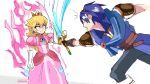  anger_vein armor aura blade_catching blonde_hair blue_hair brooch cape clenched_hand crown dress fire_emblem fire_emblem:_mystery_of_the_emblem gloves glowing glowing_eyes highres jewelry looking_at_another mag_(magdraws) mario_(series) marth_(fire_emblem) mini_crown pink_dress princess_peach shoulder_armor simple_background smile super_mario_bros. super_smash_bros. sword weapon white_gloves 