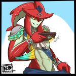  1:1 2020 animal_humanoid breath_of_the_wild clothed clothing clothing_pull countershading dick_pic fish fish_humanoid grey_countershading grin half-length_portrait hi_res humanoid male marine marine_humanoid muscular muscular_humanoid muscular_male nintendo nudiedoodles portrait prince_sidon red_body selfie sheikah_slate smile solo the_legend_of_zelda topless video_games zora 