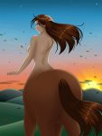  3:4 breasts centaur cloud equid equid_taur female hair hi_res hill humanoid_taur mammal mammal_taur phantom_inker solo sunset taur 