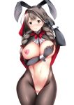  1girl animal_ears black_legwear braid breasts brown_eyes brown_hair bunny_ears capelet collar commentary_request covered_nipples elbow_gloves gloves grabbing_own_breast highres kantai_collection kuon_(break_through) large_breasts looking_at_viewer meme_attire navel pantyhose reverse_bunnysuit reverse_outfit shinshuu_maru_(kantai_collection) simple_background twin_braids 