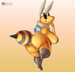  antennae_(anatomy) anthro arthropod bee big_breasts big_butt blush blush_stickers breasts butt butt_pose female fours_(artist) genitals hi_res hymenopteran insect looking_at_viewer looking_back nipples non-mammal_breasts pose pussy small_wings solo stinger thick_thighs wings 