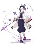  1girl absurdres artist_name bangs belt black_hair bug butterfly butterfly_hair_ornament full_body gradient_hair hair_ornament highres holding holding_sword holding_weapon insect katana kimetsu_no_yaiba kochou_shinobu long_sleeves looking_at_viewer multicolored_hair neve parted_bangs purple_eyes purple_hair smile solo sword weapon white_belt 