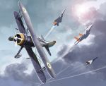  aircraft airplane biplane claudia_bruford cloud condensation_trail f-15_eagle fighter_jet flying gloster_gladiator jet lens_flare matsuda_juukou military military_vehicle no_humans propeller senyoku_no_sigrdrifa sun vehicle_focus 