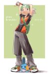  /\/\/\ 1boy backpack bag beanie black_hair brendan_(pokemon) character_name closed_mouth commentary_request dated fingerless_gloves gen_3_pokemon gloves green_bag grey_eyes grey_headwear grey_pants hat highres holding holding_poke_ball looking_to_the_side male_focus mudkip orange_gloves pants petoke poke_ball poke_ball_(basic) pokemon pokemon_(creature) pokemon_(game) pokemon_emerald pokemon_rse shirt shoes short_sleeves sparkle standing starter_pokemon two-tone_background 