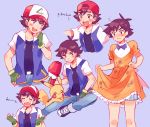  1boy ash_ketchum ashley_(pokemon) backwards_hat bangs baseball_cap belt black_shirt blush brown_hair closed_mouth collarbone commentary crossdressing crying dirty dirty_clothes dress dress_bow embarrassed english_commentary eyebrows_visible_through_hair fingerless_gloves frills frown gen_1_pokemon gloves green_gloves hand_up hat head_tilt highres jacket kakisatober knees looking_to_the_side male_focus open_mouth orange_dress pikachu pokemon pokemon_(anime) pokemon_(classic_anime) pokemon_(creature) raised_eyebrows shirt short_hair short_sleeves smile teeth tongue 