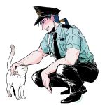  1boy 1other animal blue_hair cat closed_eyes closed_mouth collared_shirt cu_chulainn_(fate)_(all) earrings fate/stay_night fate_(series) from_side full_body grin hat jewelry k-996 lancer long_hair male_focus muscle necktie pants petting police police_hat police_uniform ponytail shirt short_sleeves simple_background smile squatting type-moon uniform 