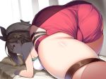 1girl all_fours ass ass_focus atelier_(series) atelier_ryza bangs bare_arms bare_shoulders blush braid breasts brown_eyes brown_hair earrings eyebrows_visible_through_hair gloves hair_ornament hairclip hat jewelry large_breasts looking_at_viewer migumigu pillow red_shorts reisalin_stout short_hair short_shorts shorts skindentation smile solo sportswear thick_thighs thigh_strap thighs 