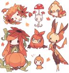  alternate_color autumn_leaves brown_eyes charamells closed_mouth commentary english_commentary fangs gen_4_pokemon gen_5_pokemon gen_7_pokemon head_tilt highres leavanny lilligant morelull mythical_pokemon open_mouth petilil pokemon pokemon_(creature) sewaddle shaymin smile swadloon white_background 
