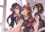  3girls ahoge ariake_(kantai_collection) bangs black_hair black_jacket black_serafuku blue_eyes braid brown_eyes brown_hair collared_shirt from_below hair_flaps hair_ornament hair_over_one_eye hair_over_shoulder hairband jacket kantai_collection long_hair long_sleeves low_ponytail multiple_girls necktie open_mouth purple_eyes red_hairband red_neckwear remodel_(kantai_collection) school_uniform serafuku shigure_(kantai_collection) shiratsuyu_(kantai_collection) shirt single_braid sugue_tettou upper_body whistle white_shirt window 