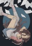  1girl absurdres apron asymmetrical_legwear bandaged_leg bandages bare_arms black_background blue_background blue_skirt circle closed_eyes commentary_request covering_ears crying danganronpa_(series) danganronpa_2:_goodbye_despair falling full_body highres long_hair open_mouth paper pink_shirt pleated_skirt profile purple_hair shindyushiyou shirt short_sleeves simple_background skirt socks solo tears translation_request tsumiki_mikan white_footwear white_legwear 