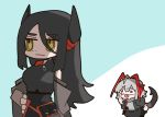  2girls akanbe antenna_hair arknights black_hair chibi commentary_request demon_tail detached_sleeves grey_hair hand_on_hip horns ines_(arknights) kdmr0402 long_hair medium_hair multiple_girls red_eyes shadow tail tongue tongue_out w_(arknights) yellow_eyes 