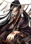  1boy absurdres bishounen black_hair blush closed_mouth fingernails hand_tattoo highres japanese_clothes kimono long_hair male_focus original rope sanpaku shide shimenawa simple_background slit_pupils smile solo sword tattoo tukuso upper_body weapon white_background wide_sleeves yellow_eyes 