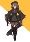  1girl boots brown_hair bug dress frilled_sleeves frills glasses hat highres lansane long_hair long_sleeves open_mouth original pantyhose sharp_teeth skirt solo spider strap teeth thigh_boots thigh_strap thighhighs twintails yellow_eyes 
