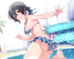  1girl :d ass barefoot bikini black_hair blue_bikini blurry blurry_background blush breasts brown_eyes eyebrows_visible_through_hair frilled_bikini frills hair_between_eyes highres looking_at_viewer looking_back low_ponytail medium_breasts novel_illustration official_art open_mouth otonari-san_to_hajimeru_setsuyaku_seikatsu. outstretched_arm pool short_hair smile soles sparkle splashing striped striped_bikini swimsuit textless u35 upper_teeth water_drop wedgie 