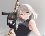  1girl artist_name bare_shoulders black_gloves black_shirt breasts brown_eyes collared_shirt commentary fingerless_gloves girls_frontline glasses gloves grey_background grey_hair gun hand_up highres holding holding_gun holding_weapon keenh kriss_vector looking_at_viewer medium_breasts necktie object_namesake parted_lips semi-rimless_eyewear shirt signature simple_background sleeveless sleeveless_shirt solo submachine_gun trigger_discipline under-rim_eyewear upper_body vector_(girls_frontline) weapon white_neckwear 