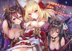  3girls animal_ears bell bettle_(b_s_a_n) black_hair blonde_hair breasts brown_hair cat_ears cat_girl cat_tail closed_mouth commentary_request flower fox_ears fox_girl fox_tail hair_between_eyes hair_flower hair_ornament highres japanese_clothes kayou_(sennen_sensou_aigis) kitsune koharu_(sennen_sensou_aigis) kurama_(sennen_sensou_aigis) large_breasts long_hair looking_at_viewer mole mole_on_breast multiple_girls multiple_tails nekomata pink_eyes purple_eyes sennen_sensou_aigis slit_pupils tail tongue tongue_out translation_request yellow_eyes 