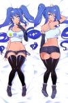  1girl :d :p ankle_boots ass bed_sheet black_legwear blue_eyes blue_hair blush boots breasts bright_pupils choker cleavage commentary commission crop_top dakimakura_(medium) english_commentary grey_choker grey_footwear grey_shorts hair_spread_out halphelt highres large_breasts long_hair looking_at_viewer lying micro_shorts midriff multiple_views navel on_back on_stomach open_mouth original shorts smile spaghetti_strap thighhighs tongue tongue_out twintails very_long_hair white_pupils 