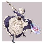  1girl absurdres blue_ribbon boots breasts commentary_request dress hair_ribbon highres holding holding_weapon large_breasts maid maid_headdress polearm red_eyes renartria ribbon sennen_sensou_aigis serra_(sennen_sensou_aigis) silver_hair solo weapon 