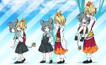  2girls :&lt; age_progression animal animal_ears animal_print basket black_footwear black_hair black_skirt blonde_hair blue_background carrying crossed_arms eyes_closed fang_out from_side grey_capelet grey_hair hair_ornament hands_on_hips jakomurashi jewelry long_sleeves mouse mouse_ears mouse_tail multicolored multicolored_clothes multicolored_hair multicolored_skirt multiple_girls nazrin orange_skirt pants pendant piggyback princess_carry red_eyes red_skirt shoes short_hair size_difference skirt skirt_set smile standing streaked_hair tail tiger_print toramaru_shou touhou tree white_legwear white_pants wide_sleeves yellow_eyes younger 