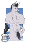  2020 abs anthro biceps black_hair black_penis blue_eyes body_hair bruteandbrawn cheek_tuft chest_hair crossed_arms digital_media_(artwork) facial_tuft felid final_fantasy flaccid fluffy fluffy_tail front_view fur genitals glans hair hi_res horn humanoid_genitalia humanoid_penis looking_away male mammal markings monotone_body monotone_fur navel pecs penis pink_nose pinup pose pubes retracted_foreskin ronso simple_background solo square_enix standing tuft urethra video_games watermark whisker_markings white_body white_fur 