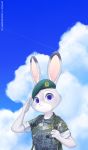  2020 4_fingers anthro arm_tuft backpack beret blue_sky camo clothed clothing cloud contrail day disney elbow_tufts female fingers fur gesture grey_body grey_fur hat headgear headwear hi_res judy_hopps lagomorph leporid looking_at_viewer mammal military_uniform outside purple_eyes rabbit salute shirt sky smile solo swetpot topwear tuft uniform zootopia 