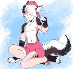  2020 4_toes 5_fingers anthro barefoot canid canine clothed clothing digital_media_(artwork) fingers gimka hair hi_res male mammal nipples smile solo toes topless white_hair 