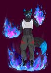  absurd_res anthro boots bottomwear canid canine clothing crop_top fire footwear fox guepardoxart hair hi_res looking_at_viewer male mammal pants shirt simple_background solo topwear 