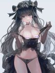  1girl :o arcaea bangs bare_shoulders black_bow black_choker black_dress black_hair black_panties blush bow bow_panties breasts brown_gloves cameltoe censored choker cleavage collarbone commentary dress elbow_gloves english_commentary english_text eyebrows_visible_through_hair frilled_dress frills gloves grey_background grey_eyes hair_bow hair_ornament hands_up highres long_hair looking_at_viewer medium_breasts navel panties parted_lips pulled_by_self simple_background solo spade_hair_ornament standing strap_pull striped striped_bow tairitsu_(arcaea) tandohark twintails underwear very_long_hair 