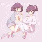  33lol alternate_hairstyle blue_shirt burgundy_(pokemon) candy food grey_background hair_ornament lollipop long_sleeves looking_at_viewer pants pokemon pokemon_(anime) pokemon_(game) pokemon_xy purple_eyes purple_hair shirt short_hair shorts simple_background sitting slippers sweater t-shirt white_pants 