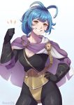  1girl ahoge artist_name bangs black_bodysuit black_gloves blue_hair blush bodysuit breasts buckle cape cleavage commentary earrings english_commentary evomanaphy eyebrows_visible_through_hair fire_emblem fire_emblem_heroes gloves hair_between_eyes hand_on_hip highres jewelry long_sleeves looking_at_viewer medium_breasts multicolored multicolored_cape multicolored_clothes open_mouth ponytail purple_cape reginn_(fire_emblem) short_hair simple_background smile solo teeth tied_hair white_cape yellow_eyes 