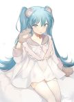 1girl :o animal_ears arm_at_side bear_ears blue_eyes blue_hair dress fang gloves hatsune_miku long_hair long_sleeves looking_at_viewer lpip open_mouth paw_gloves paws simple_background sitting solo thighhighs twintails very_long_hair vocaloid white_background white_dress white_legwear zettai_ryouiki 