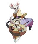  :o absurdres aegislash black_sclera brown_eyes commentary_request gen_5_pokemon gen_6_pokemon highres kisa_(kisa-kisa5900) minccino no_humans open_mouth pokemon pokemon_(creature) purple_eyes shiny signature single_eye tongue white_background 