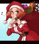  1girl absurdres blush breasts brown_eyes brown_hair christmas curly_hair finger_to_mouth gift hat highres morgana_(persona_5) okumura_haru persona persona_5 santa_costume santa_hat scruffyturtles smile solo upper_body 