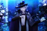  1boy :d aquarium azul_ashengrotto black_bow black_headwear black_neckwear black_pants black_suit blue_theme bow bowtie coral fish glasses gloves highres looking_at_viewer male_focus open_mouth pants silver_eyes smile solo standing twisted_wonderland utsuginoki white_gloves white_hair 