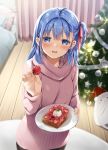  1girl :d bangs bed black_legwear blue_eyes blue_hair blurry blurry_background blush bread christmas_ornaments christmas_tree commentary_request curtains depth_of_field eyebrows_visible_through_hair food fruit fur-trimmed_headwear hair_between_eyes hair_ribbon hat holding holding_food indoors long_hair looking_at_viewer natsume_eri one_side_up open_mouth original pantyhose pillow pink_sweater plate red_headwear red_ribbon ribbed_sweater ribbon santa_hat smile solo strawberry sweater turtleneck turtleneck_sweater wooden_floor 