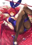  1girl animal_ears ass bangs bare_shoulders black-framed_eyewear blush breasts bunny_ears cleavage detached_collar fake_animal_ears fate/grand_order fate_(series) gae_bolg hair_between_eyes high_heels highleg highleg_leotard highres knees_up large_breasts legs leotard long_hair looking_at_viewer lying ohland on_back orange-tinted_eyewear pantyhose piercing_bunny playboy_bunny polearm purple_hair purple_leotard red_eyes round_eyewear saint_quartz scathach_(fate)_(all) scathach_(fate/grand_order) spear sunglasses thighband_pantyhose thighs weapon wrist_cuffs 