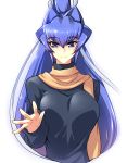  1girl absurdres anniversary bangs black_sweater blue_eyes breasts brown_scarf cropped_torso eyebrows_visible_through_hair haganef highres large_breasts long_ponytail looking_at_viewer mitsurugi_meiya muvluv ponytail scarf smile solo sweater waving white_background 
