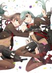  2girls :d aqua_hair blue_eyes bow bowtie brown_cardigan brown_hair brown_jacket brown_legwear brown_skirt cardigan confetti flight_deck frilled_skirt frills green_eyes hair_ornament hairclip holding holding_hands holding_turret jacket kantai_collection kumano_(kantai_collection) legs_up long_hair machinery multiple_girls open_clothes open_jacket open_mouth pleated_skirt ponytail red_neckwear remodel_(kantai_collection) rudder_footwear school_uniform skirt smile suzuya_(kantai_collection) teramoto_kaoru thighhighs turret 